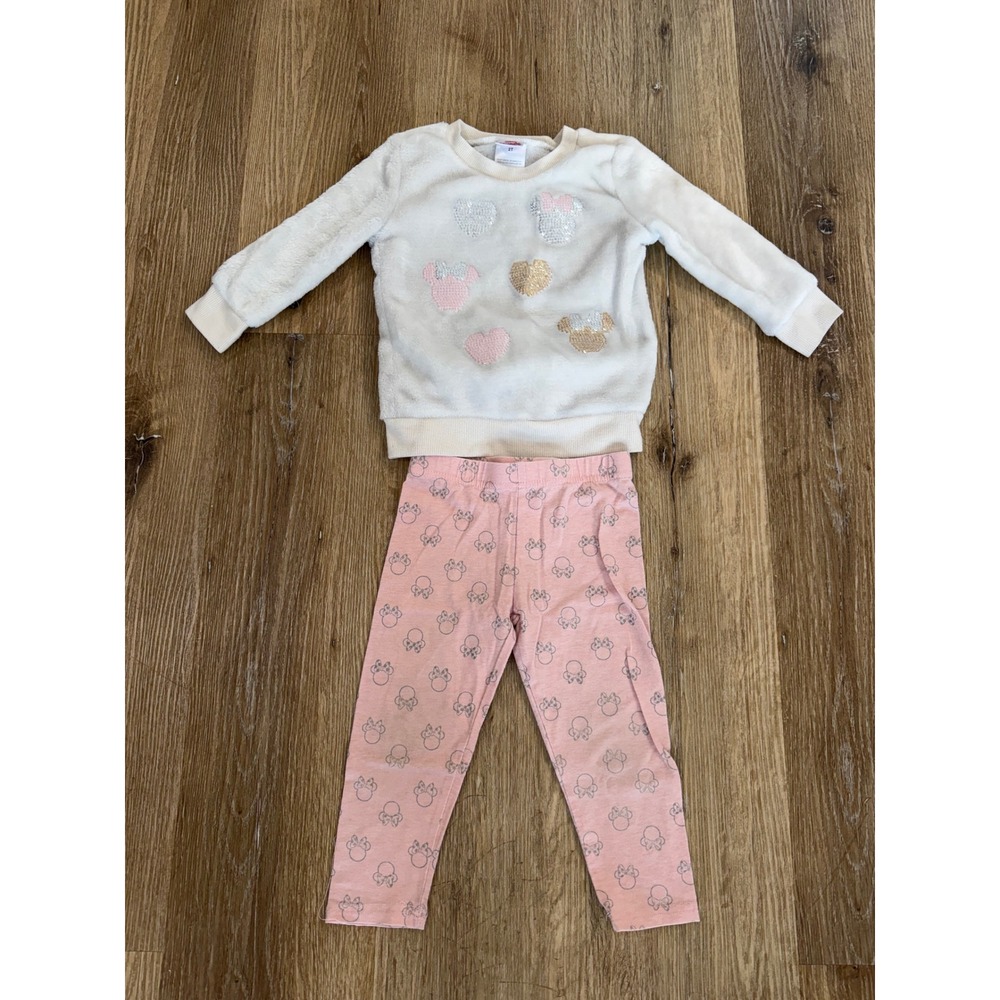 Disney Minnie Mouse Sequin Faux Fur Sweatshirt Legging Set Toddler 2T Pink Cream